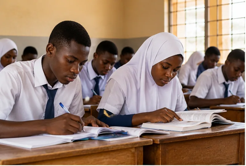 Secondary school students writing in a classroom