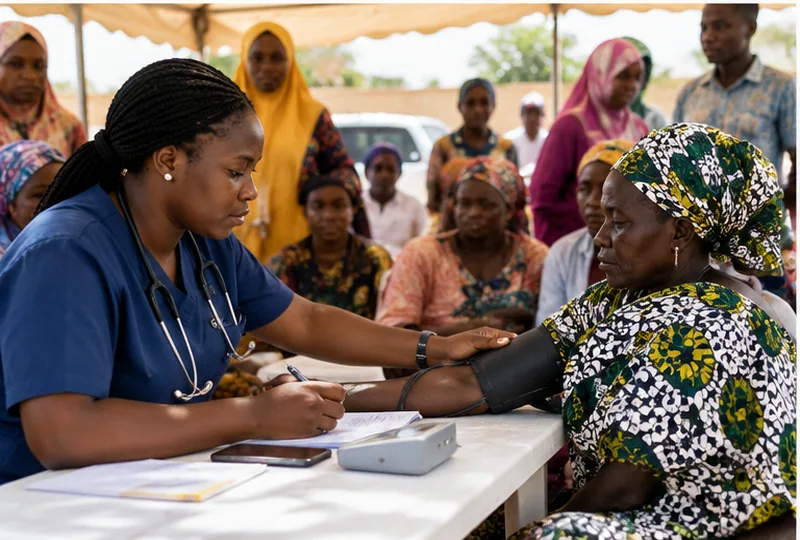 A health worker checking the blood pressure of an older woman at an outreach