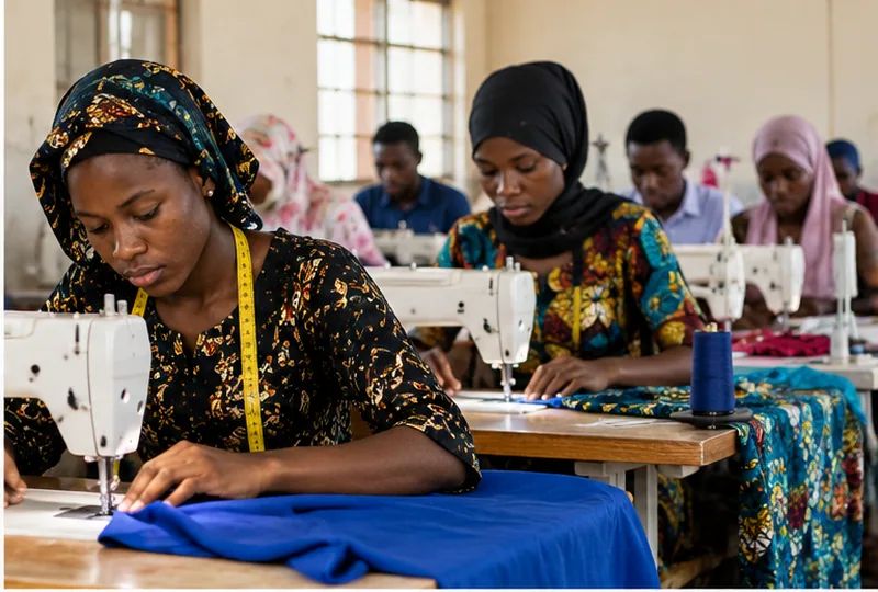 Young women learning tailoring on sewing machines